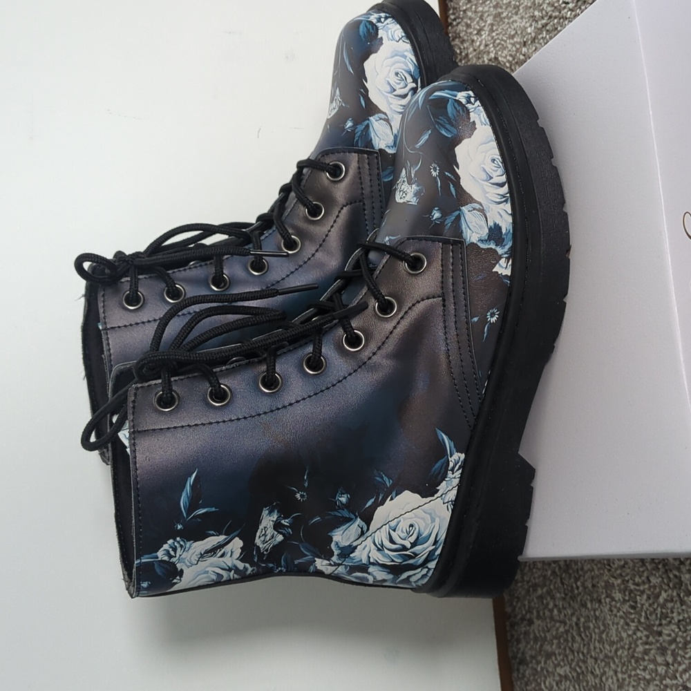 Floral Lace-Up Ankle Boots - Black and Blue
